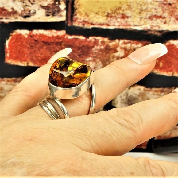 LARGE BALTIC AMBER 925 SILVER ADJUSTABLE RING, UNIQUE DESIGN, GIFT FOR WOMEN - Picture 2 of 16